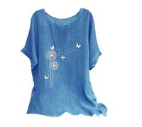 Shopping Online Linen Tops for Women UK Plus Size Shirts 2024 Summer Short Sleeve Crewneck Blouses Funny Daisy Dandelion Butterfly Print T-Shirts Ladies Elegant Loose Fit Cheesecloth Clothes