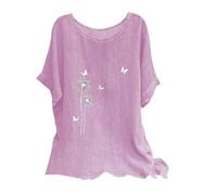 Shopping Online Linen Tops for Women UK Plus Size Shirts 2024 Summer Short Sleeve Crewneck Blouses Funny Daisy Dandelion Butterfly Print T-Shirts Ladies Elegant Loose Fit Cheesecloth Clothes