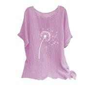 Shopping Online Linen Tops for Women UK Plus Size Shirts 2024 Summer Short Sleeve Crewneck Blouses Funny Daisy Dandelion Butterfly Print T-Shirts Ladies Elegant Loose Fit Cheesecloth Clothes