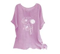 Shopping Online Linen Tops for Women UK Plus Size Shirts 2024 Summer Short Sleeve Crewneck Blouses Funny Daisy Dandelion Butterfly Print T-Shirts Ladies Elegant Loose Fit Cheesecloth Clothes