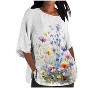Shopping Online Plus Size Shirts for Women UK Casual Cotton Linen 3/4 Sleeve Crewneck Blouses 2024 Summer Dressy Floral Print T Shirts Ladies Elegant Loose Fit Tops Going Out Tee