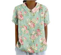 Shopping Online Summer Linen Tops for Women UK Casual Dandelion Print Shirts 2024 Dressy Short Sleeve Lapel Neck Blouses Ladies Solid Oversized T-Shirts Going Out Blouses