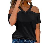 Shopping Online T Shirts for Women UK Sexy Cold Shoulder Short Sleeve V Neck Tops Dressy Casual Solid Loose Fit Blouses 2024 Summer Going Out Tee Ladies Fashion Elegant T-Shirts