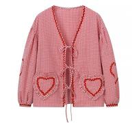 Shopping Online Womens Fashion Blouses Casual Long Sleeve Lace Up Shirts UK 2024 Cute Love Heart Plaid Tops Summer Open Front Y2k Blouses Dressy Comfy Loose Fit Shirts Ladies Going Out Tee