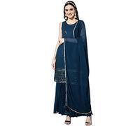 Shopping Queen Women's Georgette Embroidered Kurta and Sharara & Dupatta Set, Peacock Blue, XL