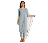 Shopping Queen Women's Silk Blend Chikankari Embroidery Kurta set with Dupatta, Sky Blue, XL