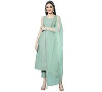 Shopping Queen Women's Silk Chikankari Kurta Pant & Dupatta Set, Dusty Green, Medium