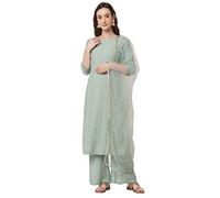Shopping Queen Women's Viscose Silk Chikankari Kurta Palazzo Dupatta set, Pista, Medium