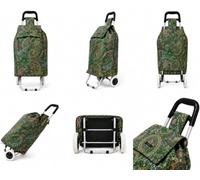 Shopping Trolley on Wheels, Foldable 2 Wheel Grocery Trolley, Lightweight 1.5kg, 57L Bag with Secure Lid, Large Capacity Cart for Shopping, Laundry & Everyday Use, 30kg Load, Flower Green