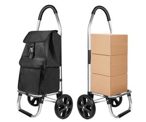 Shopping Trolley on Wheels, Grocery Trolley with 2 Wheels, Aluminium Folding Wheeled Shopping Trolleys with Detachable Bag & Hand Truck, Pull Along Cart Stair Climbing Shoppings Cart for the Elderly