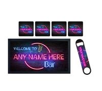 ShopQuality4U Personalise Bar Runner Mat, add-ons Bottle Opener, Drinks Coasters, Drip Mat, Shot Glasses | Beer Gifts Home Bar Accessories for Pub Bars Man Cave Him Her | ADD ANY NAME/TEXT Neon Effect