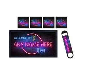 ShopQuality4U Personalise Bar Runner Mat, add-ons Bottle Opener, Drinks Coasters, Drip Mat, Shot Glasses | Beer Gifts Home Bar Accessories for Pub Bars Man Cave Him Her | ADD ANY NAME/TEXT Neon Effect