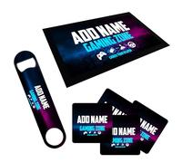ShopQuality4U Personalise Gamer Bar Runner Mat, optional: Matching Bottle Opener & 4x Drinks Coasters, Gift Set | Beer Gifts Home Bar Accessories for Pub Bars Man Cave Him Her Gin Oclock