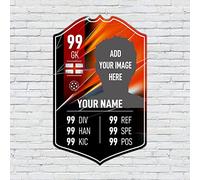 ShopQuality4U Personalised Football Cup Goalkeeper Stats Card Sign - Red Background Printed Metal Shield Sign Wall Art A5 Goalkeeper Add Name (12x20cm)