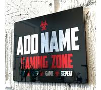 ShopQuality4U Personalised Game Metal Mirror Gamer Sign - Customised Printed Wall Art Plaque A3 Gaming Zone Caution Red