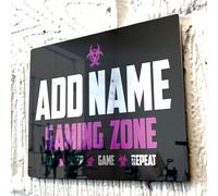 ShopQuality4U Personalised Game Metal Mirror Gamer Sign - Customised Printed Wall Art Plaque A3 Gaming Zone Caution Pink