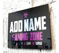 ShopQuality4U Personalised Game Metal Mirror Gamer Sign - Customised Printed Wall Art Plaque A4 Gaming Zone Caution Pink