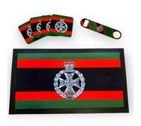 ShopQuality4U RGJ Royal Green Jackets Bar Runner Mat, Matching Bottle Opener & 4x Drinks Coasters, Metal sign Gift Set | Beer Gifts Home Bar Accessories for Pub Bars Man Cave Him Her