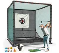 Shopsource Golf Cage with Ball Return Net and Wheels, Metal Frame, Rubber Hose, Golf Impact Net for Indoor Outdoor Lawn Practice Movable (with 1 Hitting Mat, 6 PU Balls, 1 Tee)