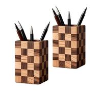 SHOPUKASA 2 Pack Wood Pen Pencil Holder Stand Multi Purpose Natural Wood Pencil Cup Pot Desk Organizer Storage Box (2 Pack Mosaic Pattern)