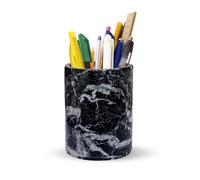 SHOPUKASA Natural Marble Pen Pot & Pen Holder for Desk - Handcrafted Stone Pencil Pot & Makeup Brush Holder, Unique One-of-a-Kind Pattern, Vanity Organiser & Eco-Friendly Gift, Dia 7×H10cm (Black)