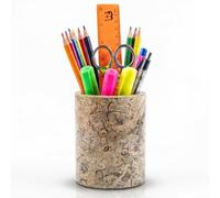 SHOPUKASA Natural Marble Pen Pot & Pen Holder for Desk - Handcrafted Stone Pencil Pot & Makeup Brush Holder, Unique One-of-a-Kind Pattern, Vanity Organiser & Eco-Friendly Gift, Dia 7×H10cm (Coral)