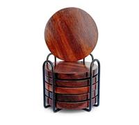 SHOPUKASA - Set of 6 Wooden Tea Coasters with Metal Holder for Glasses | Drinks | Coffee | Table Desk | 3 Non-Slip Mats at Back | Round Shape (Walnut (Set of 6 Coasters))