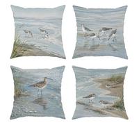 Shorebirds Throw Pillow Covers Set of 4, Coastal Natural Water Grass Summer Blue Soft Velvet Washable Pattern Pillow Covers for Living Room Bedroom Loft Office Car Decor 16x16 Inch