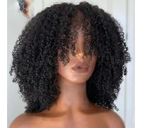 Short Afro Kinky Curly Wig with Bangs Human Hair Scalp Top Full Machine Made Wig Brazilian Afro Curly Wig Fringe 200Density-8inches-150 Density-Natural Color