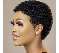 Short Afro Kinky Curly Wigs for Black Africa American Women, Short Pixie Cut Curly Wigs, Virgin Hair Curly Human Hair Ombre Color,350