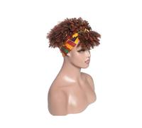 Short Afro Kinky Curly Wigs with Bangs Wrap Headband,Synthetic Turban Afro Curly Cosplay Wig(Light brown)