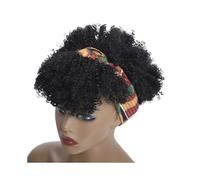 Short Afro Kinky Curly Wigs with Bangs Wrap Headband,Synthetic Turban Afro Curly Cosplay Wig Womans Hair Topper(Black)