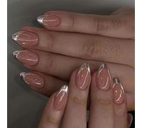 Short Almond Artificial Nails Press On Simple Full Covers Stick Silver French Tip False For Woman Press Nail Silver French Tip False Short Almond Artificial