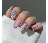 Short Almond Fake Nails French Waves Texture Design Professional Press On Nails For Typing Cooking Easy Application French Blue Almond Fake Nail