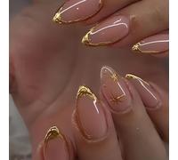 Short Almond Fake Nails Gold Star Pattern Reusable | Delicate star motifs, celestial charm, reusable design, lightweight comfort, elegant finish