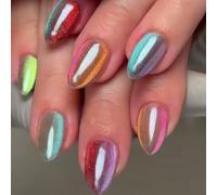 Short Almond False Nails - 24Pcs Cat Eye Iridescent Press on Nails - Oval Rainbow Shimmer Fake Nail with Glue - Full Cover Acrylic Glossy Long Lasting Stick on Nails for Women Girls Nail Art Manicure