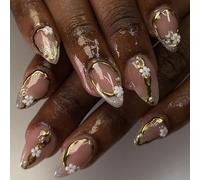 Short Almond False Nails - 24Pcs Elegant French Tip Fake Nails - Stick on Nail with 3D Gold Chrome Edge Flower Design - Full Cover Acrylic Glitter Press on Nails with Glue for Women Nail Art