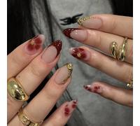 Short Almond False Nails - 24Pcs Red French Tip Fake Nails - Stick on Nail with 3D Gold Chrome Edge Flower Design - Medium Press on Nails with Glue - Full Cover Acrylic False Nail for Women Nail Art
