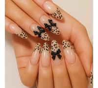 Short Almond False Nails, Nude Leopard Print, 3D Bows And Gem Accents | Glossy Finish, Black And Brown Detailing, Coordinated Manicure For Evening Events, Occasions And Decorative Everyday Wear