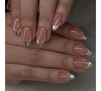 Short Almond False Nails Silver French Tip Acrylic Full Covers Stick On Simple Press For Women Girl French Silver False Nail Short Almond Press Acrylic Stick