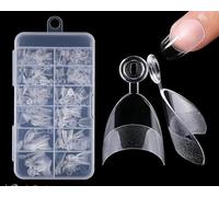 Short Almond Gel x Nail Tips Half Cover,French False Nails Tip Extensions,Half Clear Matte Fake Coffin Nail Art Tips with Assortment Box,Salon Nails with Handle for Women (A)