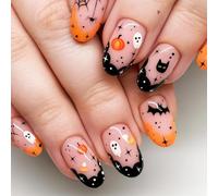 Short Almond Halloween Press On Nails With Orange Fade & Spooky Ghost Bat Pumpkin Star Designs - Glossy False Nail Set In Nude Pink Base For Women Autumn Party 24 Pieces Artificial