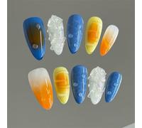 Short Almond Handmade Press-On Fake Nails Ice Through Flowers Nail Art Decoration Blooming Manciure for Women and Girls 10PCS (A727-XS)