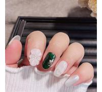 Short Almond Handmade Wearable Nails Elegant Floral Nail Art Decoration Green Cat's Eye Manciure for Women and Girls 10PCS (241131-XS)