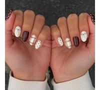 Short Almond Oval Artificial Nail Tips, Burgundy Mixed Pattern Manicure | Glossy Pre-Decorated Finish, Ivory, Black And Beige Details, Bow, Polka-Dot And Checked Designs, For Home, Everyday Wear