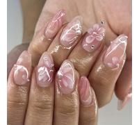 Short Almond Press-On Fake Nails 3D Flowers Nail Art Decoration Blooming Blush Manciure for Women and Girls 24pcs