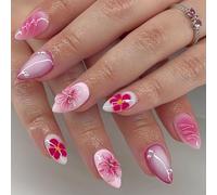 Short Almond Press-On Fake Nails 3D Soild Flower Nail Art Decoration Sweet Elegant Manciure for Women and Girls 24pcs