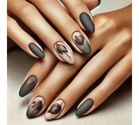 Short Almond Press-On Fake Nails Black Matte Leafs Nail Art Decoration Minimalist Gradient Manciure for Women and Girls 24pcs