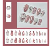 Short Almond Press-On Fake Nails Bowknot Stars Nail Art Decoration Sweet French Manciure for Women and Girls 24pcs