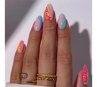 Short Almond Press on Fake Nails Colorful Patchwork Waves Nail Art Decoration French Manicure for Women and Girls 24pcs